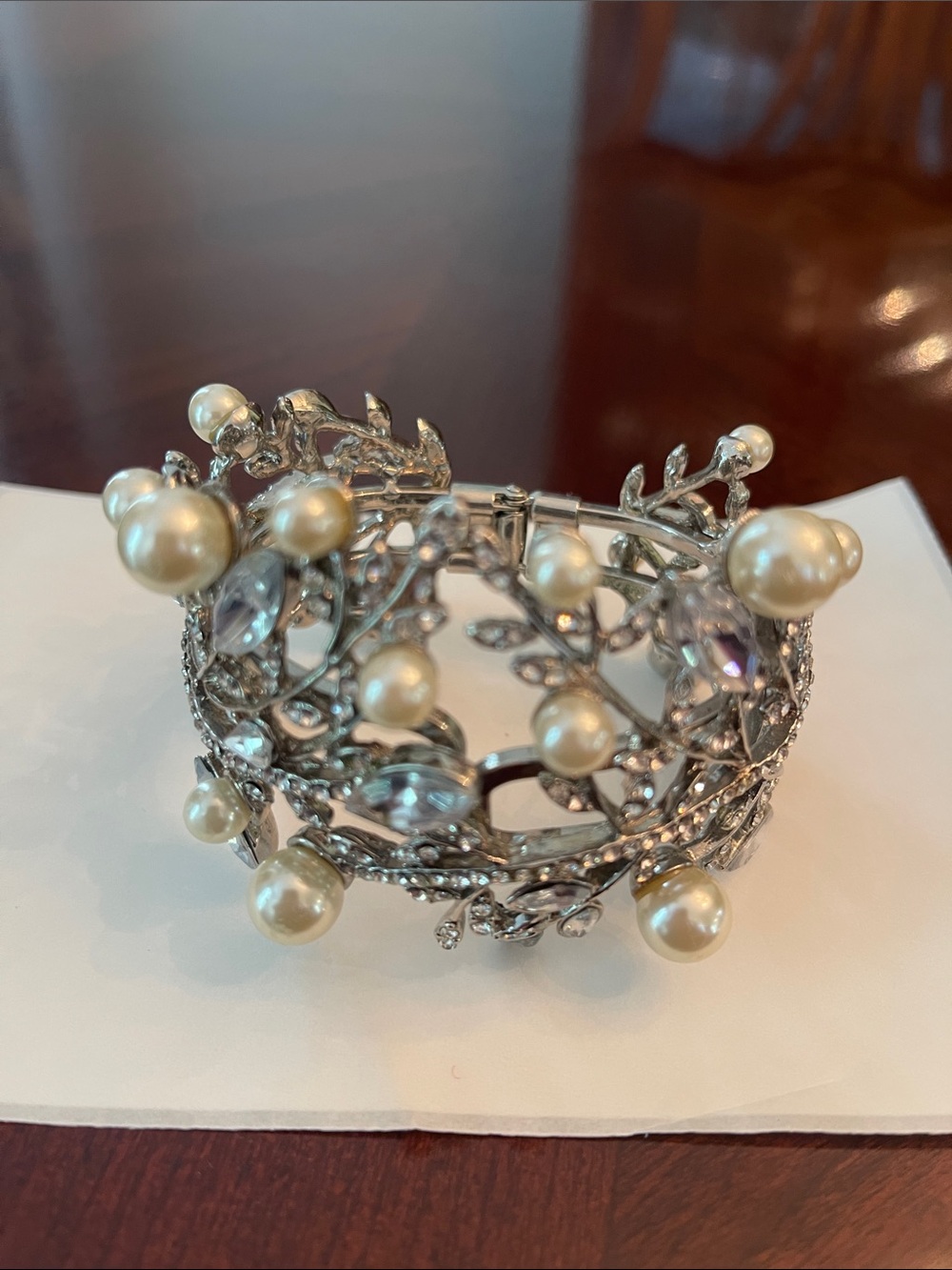 Pearl and Crystal Silver-Tone Statement Cuff Bracelet